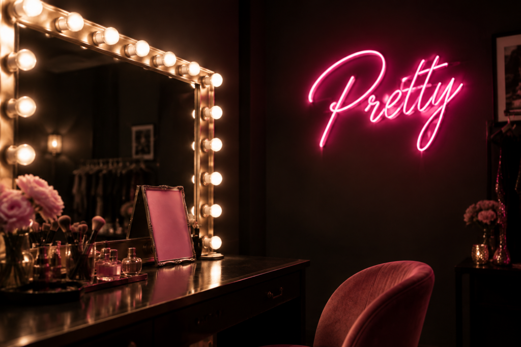 Dark scene with a glowing pink neon sign reading Pretty