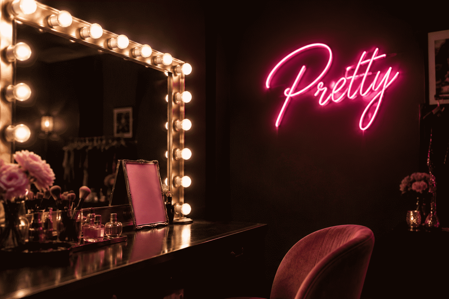 Dark scene with a glowing pink neon sign reading Pretty