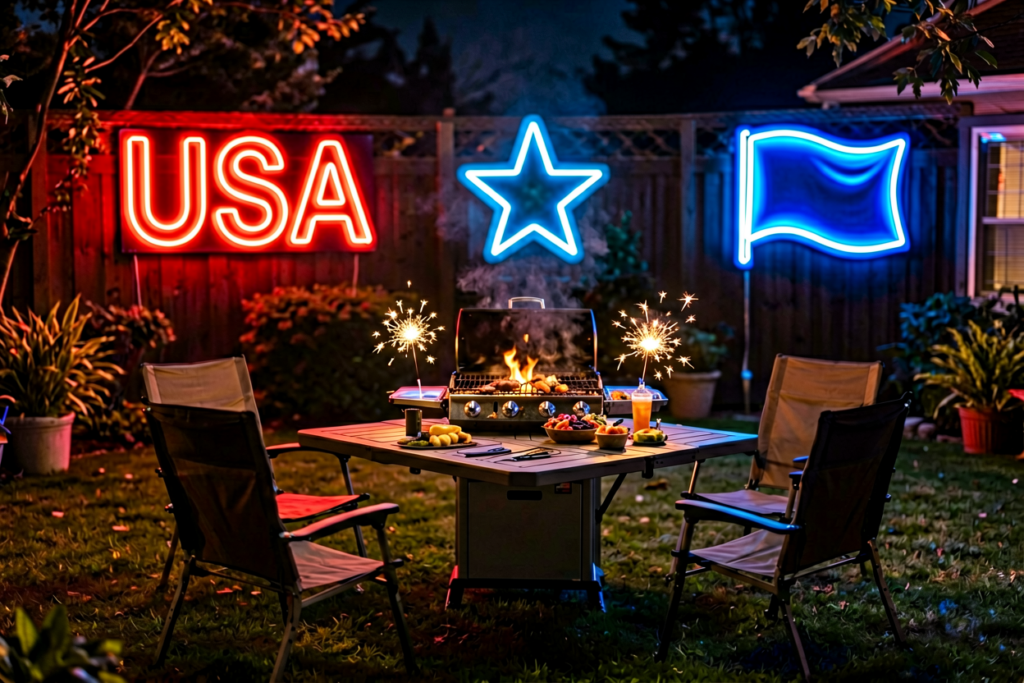 Festive scene with glowing neon signs including the word USA