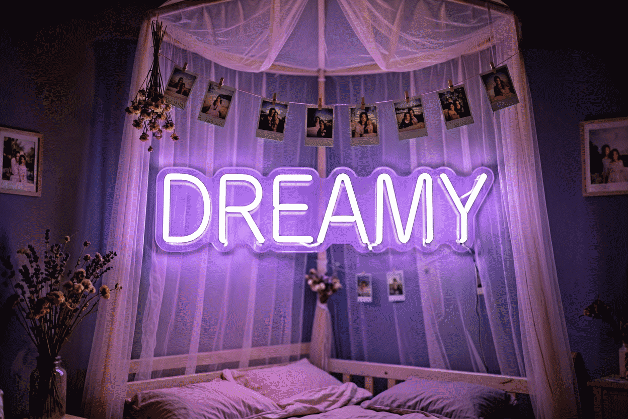 Dark scene with a glowing lavender neon sign reading DREAMY