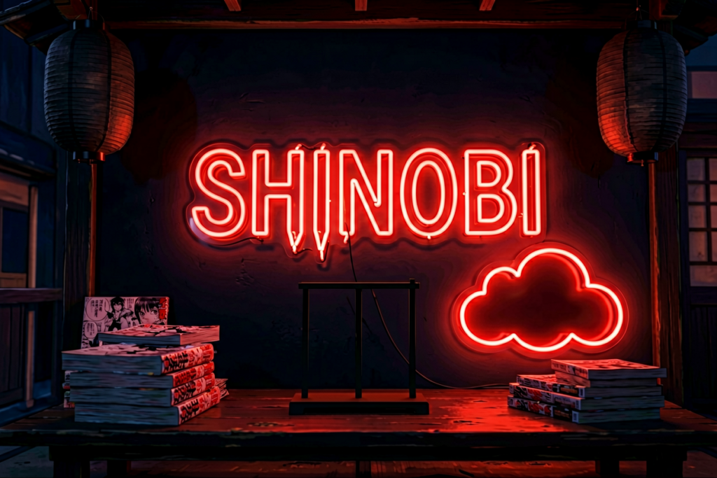 Dark scene with a glowing red neon sign reading SHINOBI