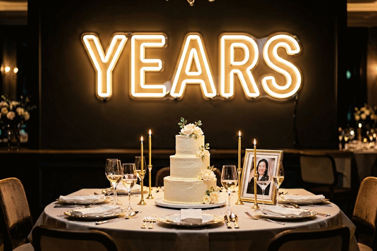 Dark scene with a glowing champagne gold neon sign reading YEARS