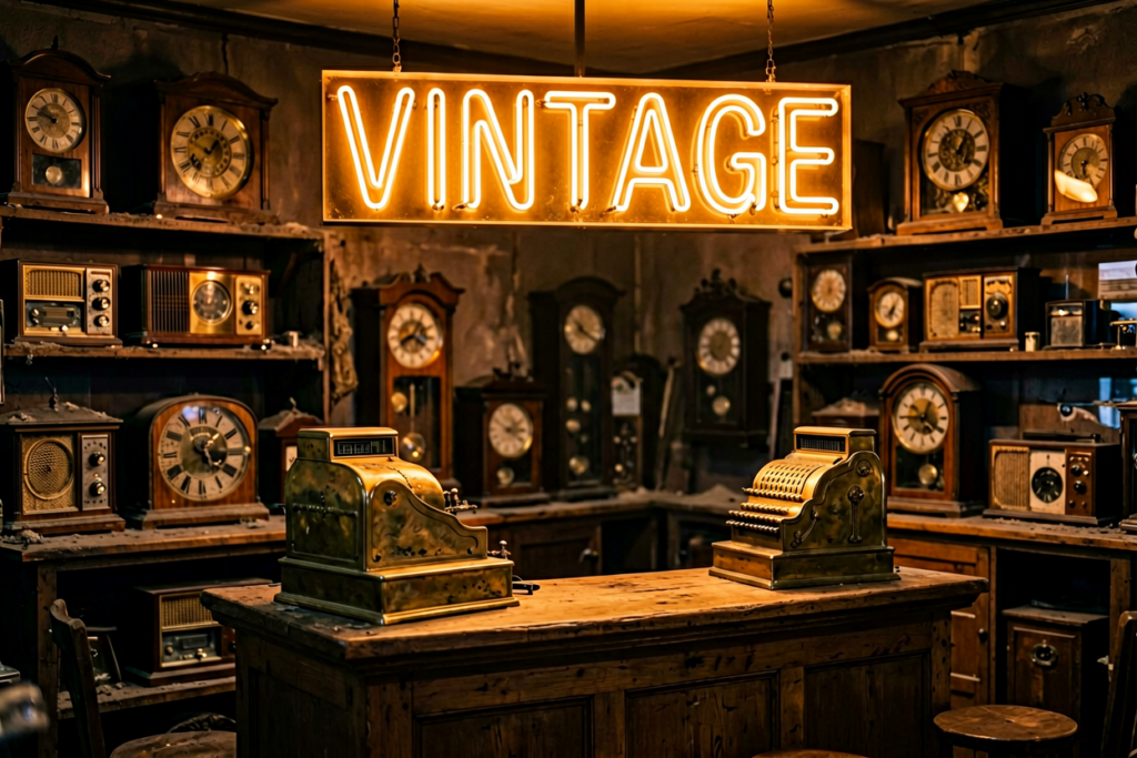 Dark scene with a glowing warm amber neon sign reading VINTAGE