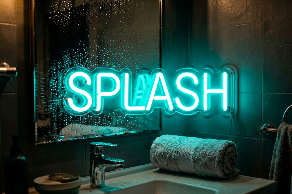 Dark scene with a glowing aqua neon sign reading SPLASH