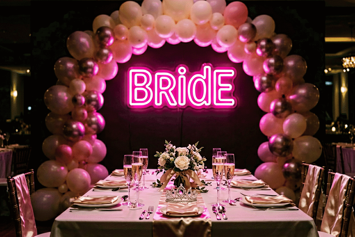 Dark scene with a glowing hot pink neon sign reading Bride