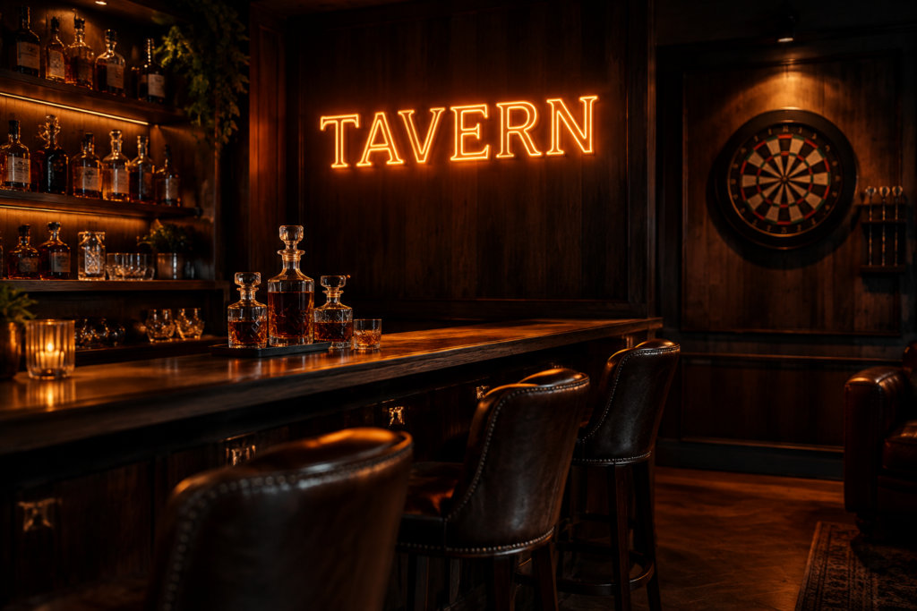 Dark scene with a glowing amber neon sign reading TAVERN
