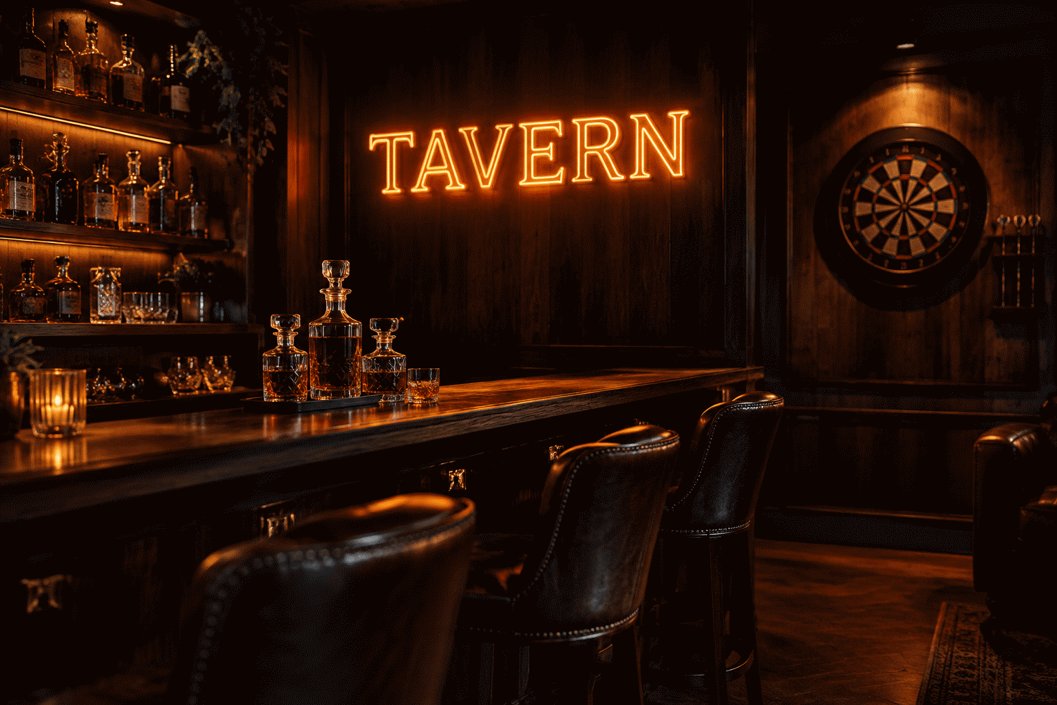 Dark scene with a glowing amber neon sign reading TAVERN