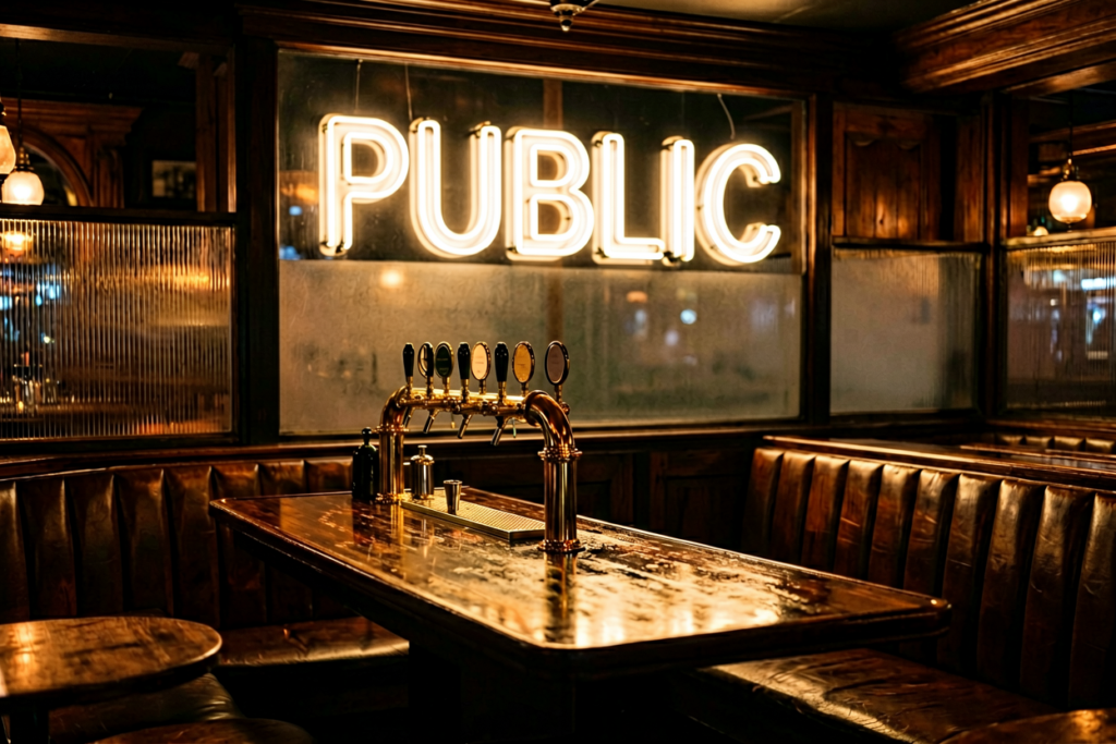 Dark scene with a glowing warm white neon sign reading PUBLIC