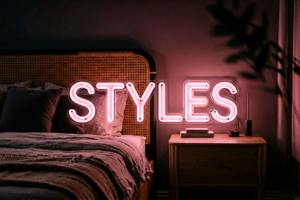 Dark scene with a glowing blush pink neon sign reading STYLES
