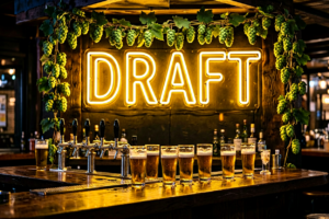 Dark scene with a glowing golden amber neon sign reading DRAFT