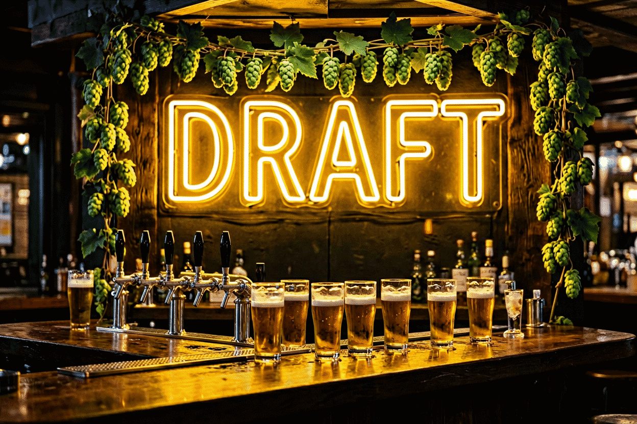 Dark scene with a glowing golden amber neon sign reading DRAFT