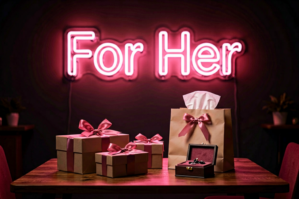 Dark scene with a glowing rose pink neon sign reading For Her
