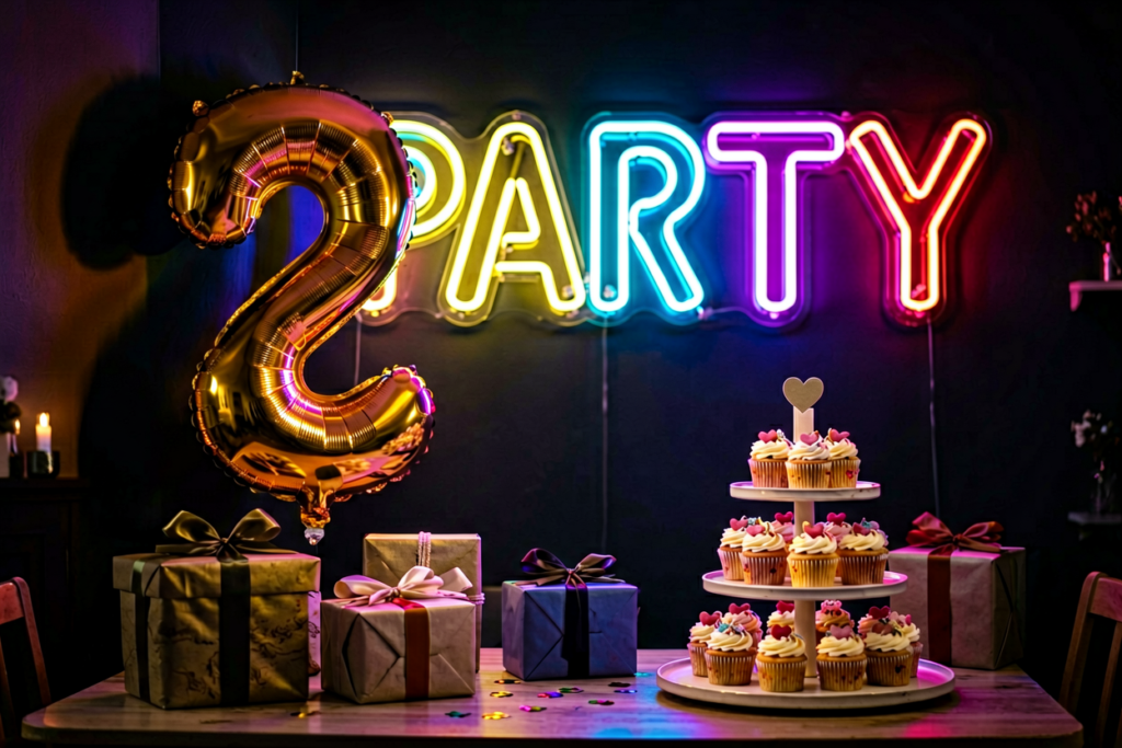 Dark scene with a glowing multicolor neon sign reading PARTY