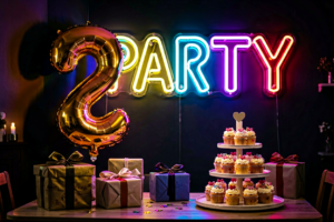 Dark scene with a glowing multicolor neon sign reading PARTY