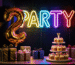 Dark scene with a glowing multicolor neon sign reading PARTY