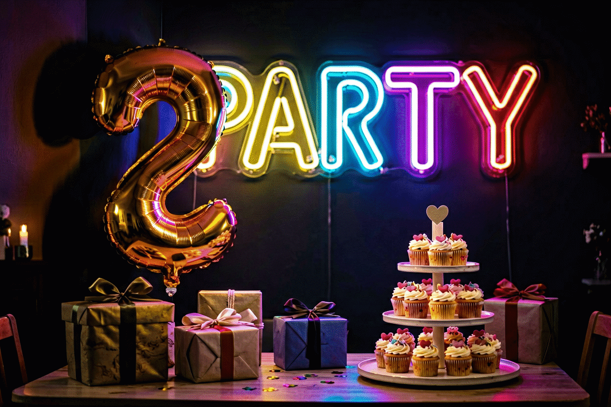 Dark scene with a glowing multicolor neon sign reading PARTY