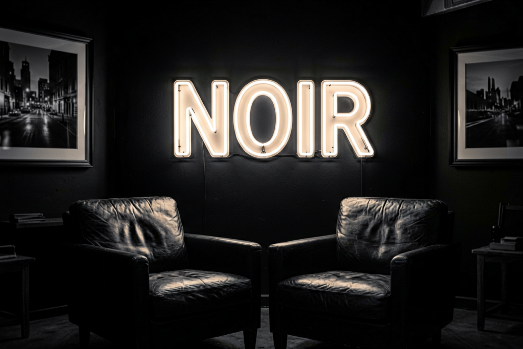 Dark scene with a glowing warm white on black neon sign reading NOIR