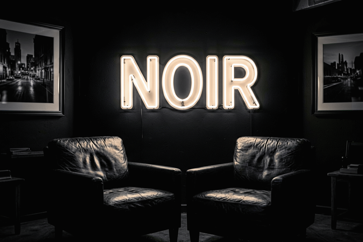 Dark scene with a glowing warm white on black neon sign reading NOIR