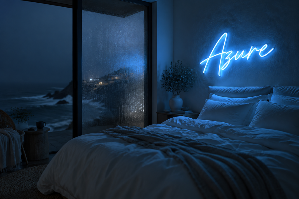 Dark scene with a glowing ice blue neon sign reading Azure