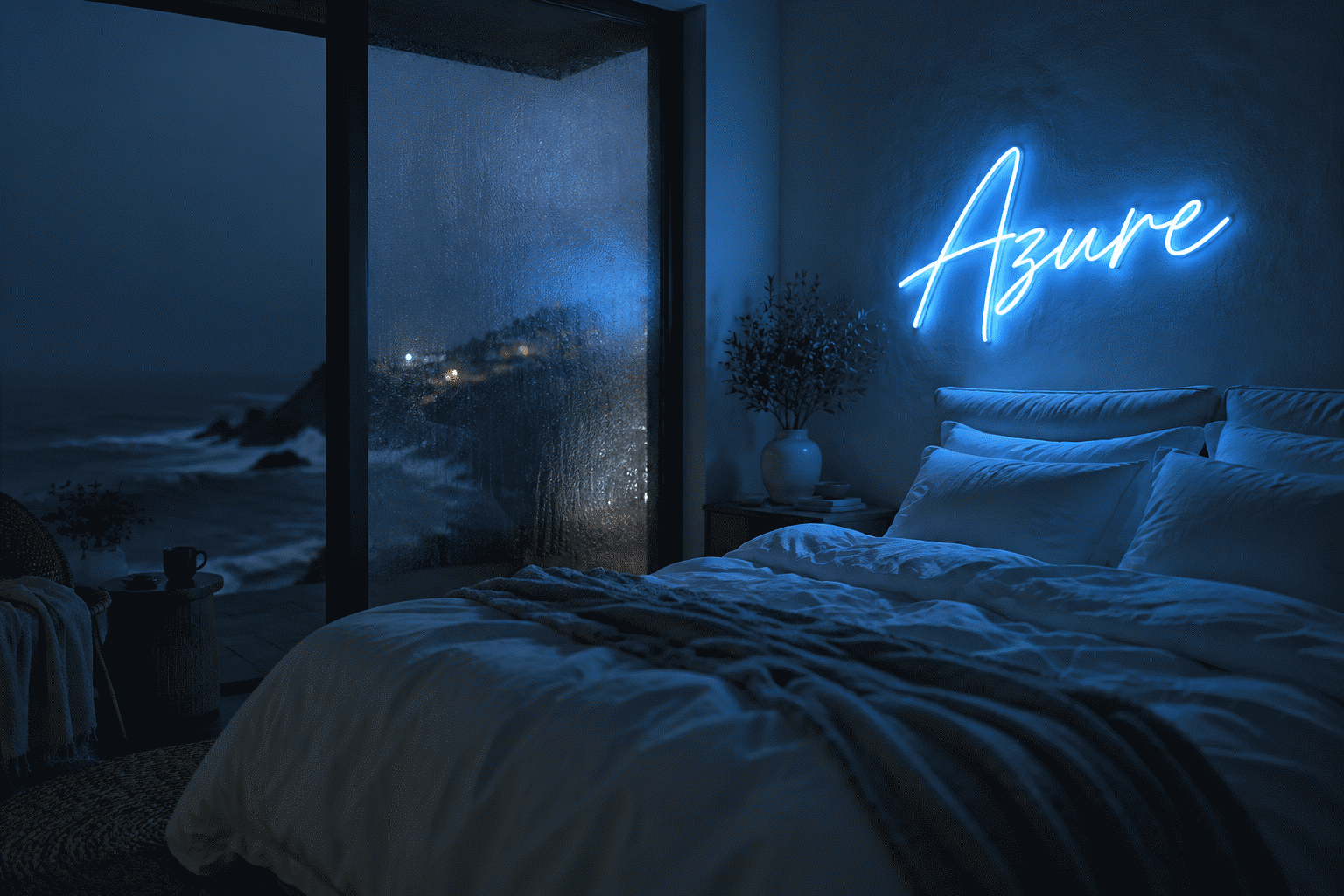 Dark scene with a glowing ice blue neon sign reading Azure