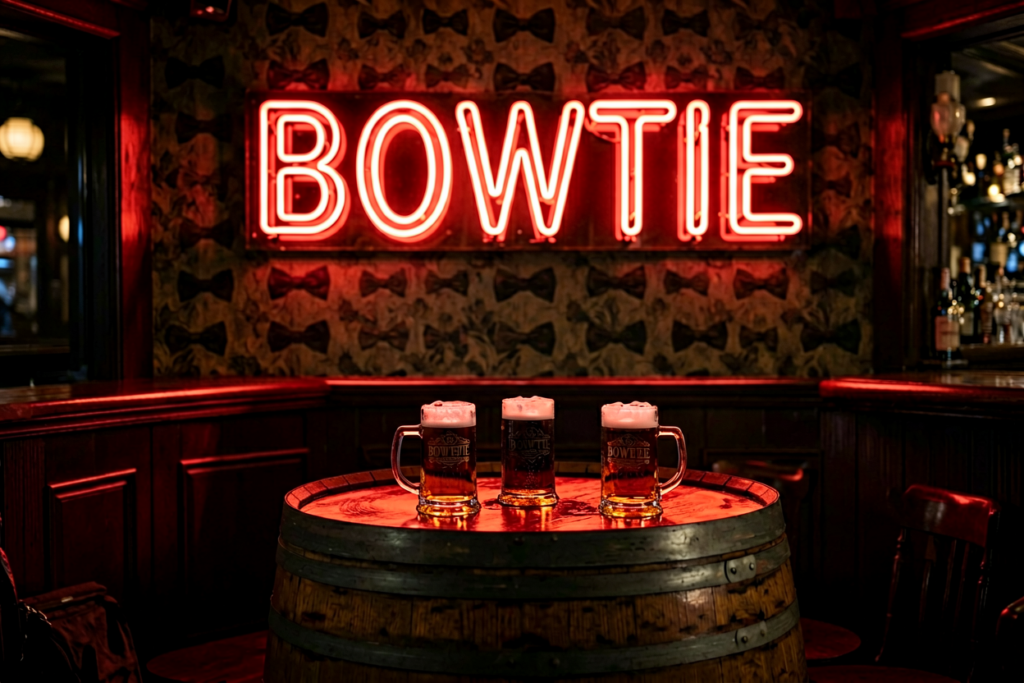Dark scene with a glowing red neon sign reading BOWTIE