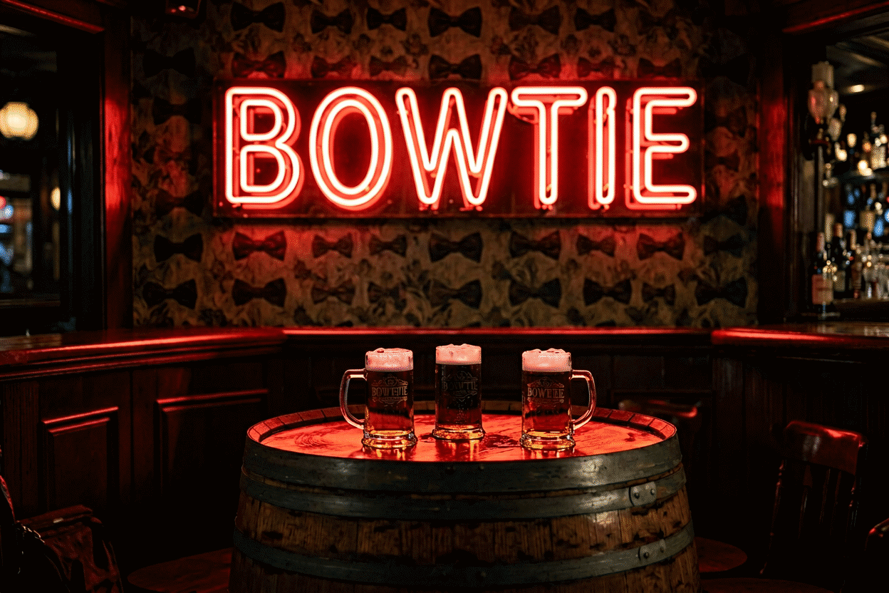 Dark scene with a glowing red neon sign reading BOWTIE