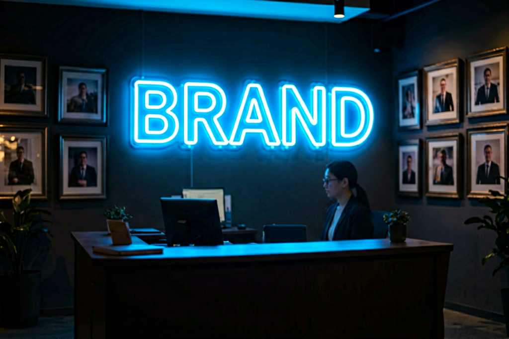 Dark scene with a glowing electric blue neon sign reading BRAND