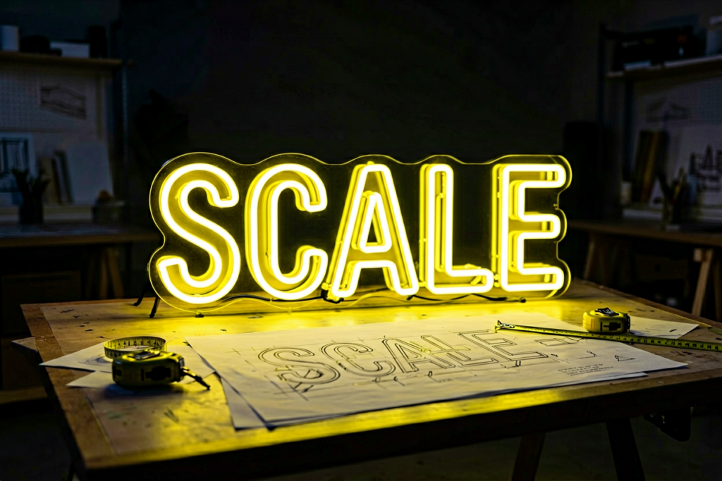 Dark scene with a glowing yellow neon sign reading SCALE