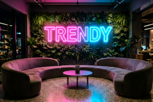 Dark scene with a glowing gradient pink-blue neon sign reading TRENDY