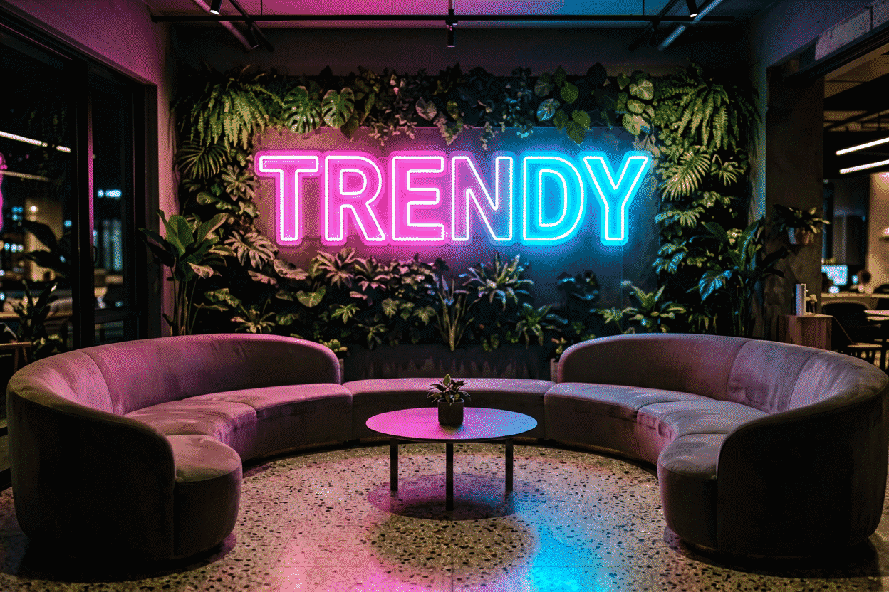 Dark scene with a glowing gradient pink-blue neon sign reading TRENDY