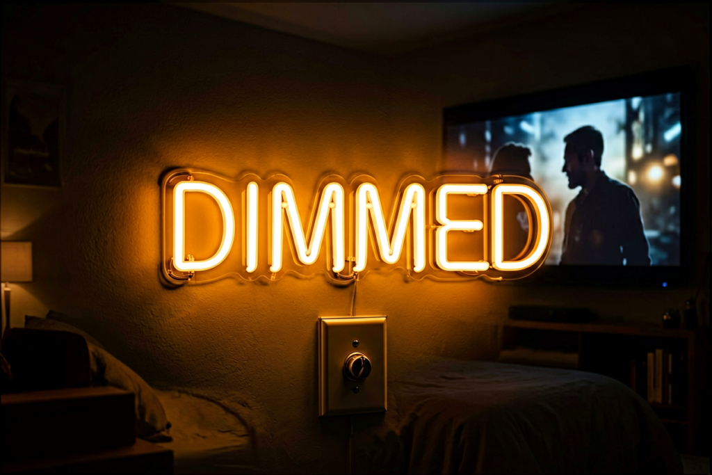 Dark scene with a glowing warm amber neon sign reading DIMMED