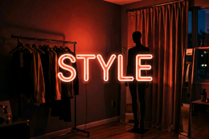 Dark scene with a glowing coral neon sign reading STYLE