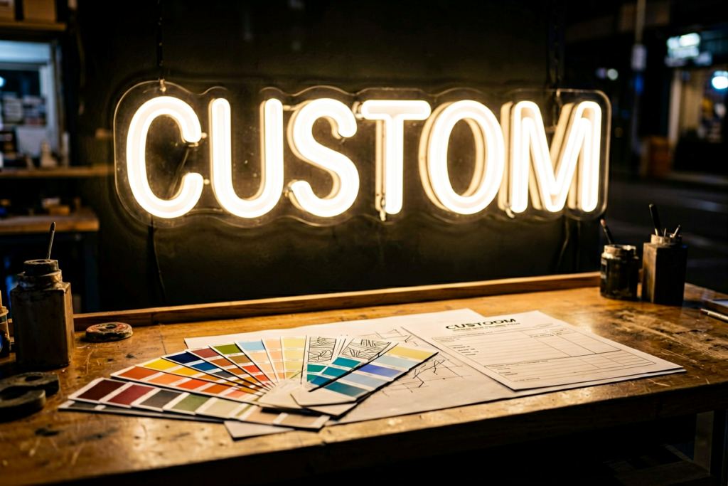 Dark scene with a glowing warm white neon sign reading CUSTOM