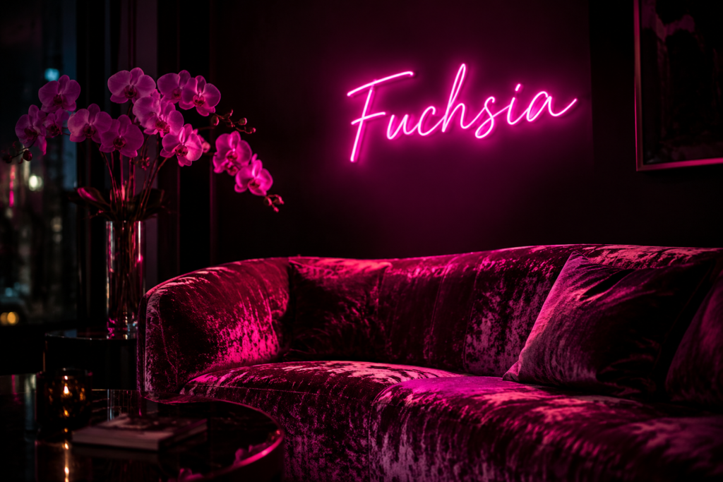 Dark scene with a glowing deep pink neon sign reading Fuchsia