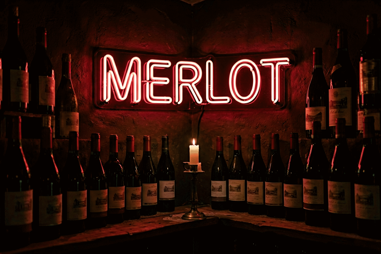 Dark scene with a glowing dark red neon sign reading Merlot