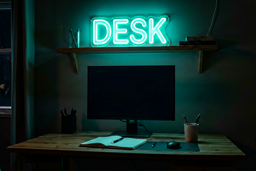 Dark scene with a glowing mint neon sign reading DESK