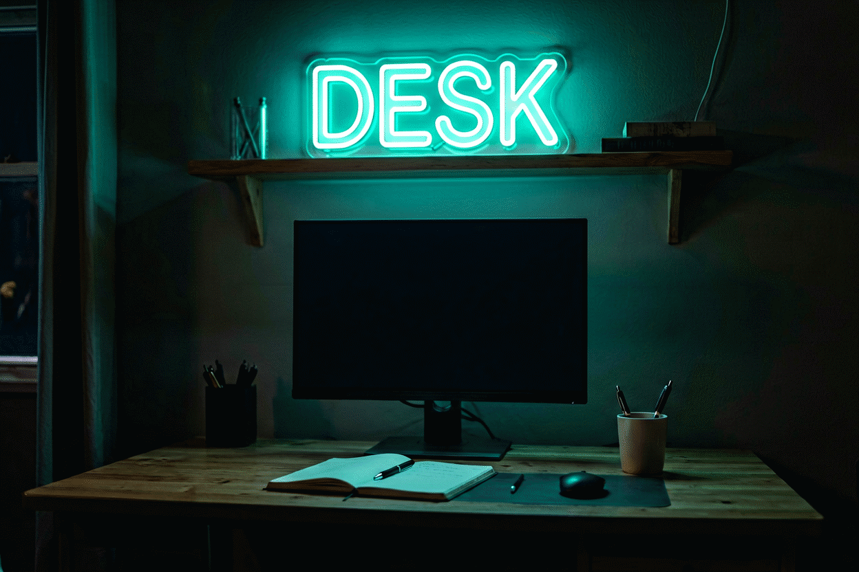Dark scene with a glowing mint neon sign reading DESK