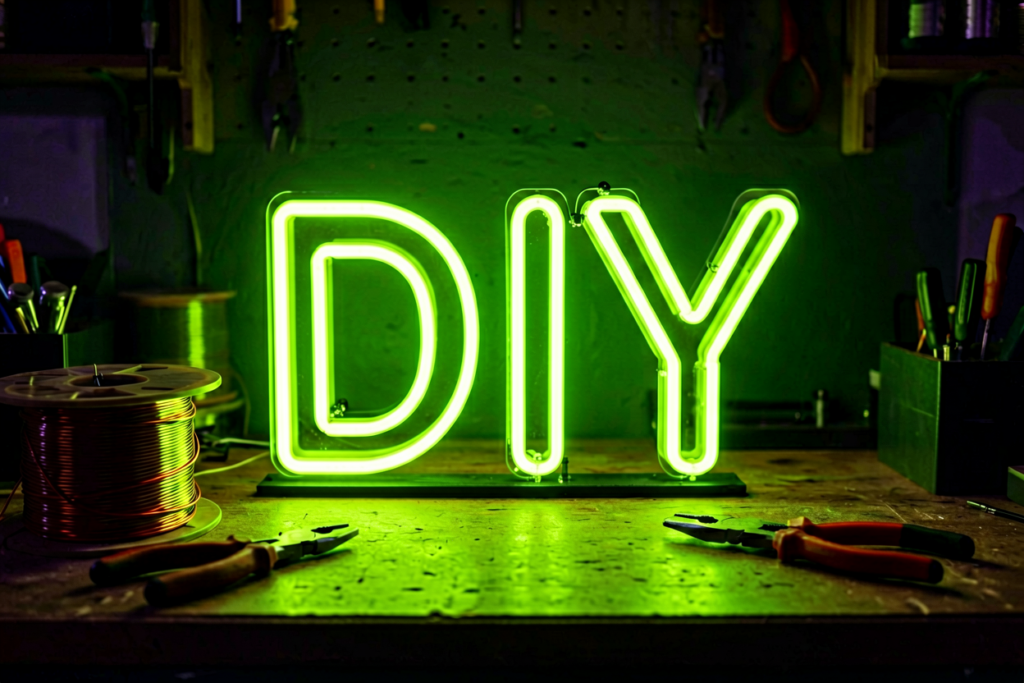 Dark scene with a glowing lime neon sign reading DIY