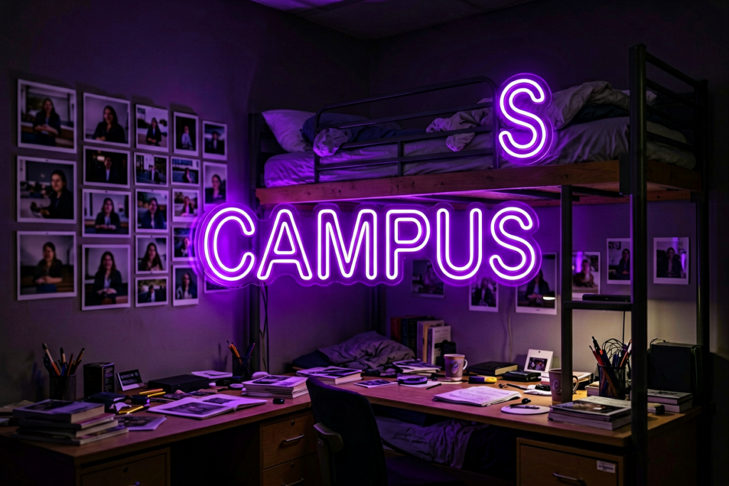 Dark scene with a glowing purple neon sign reading CAMPUS