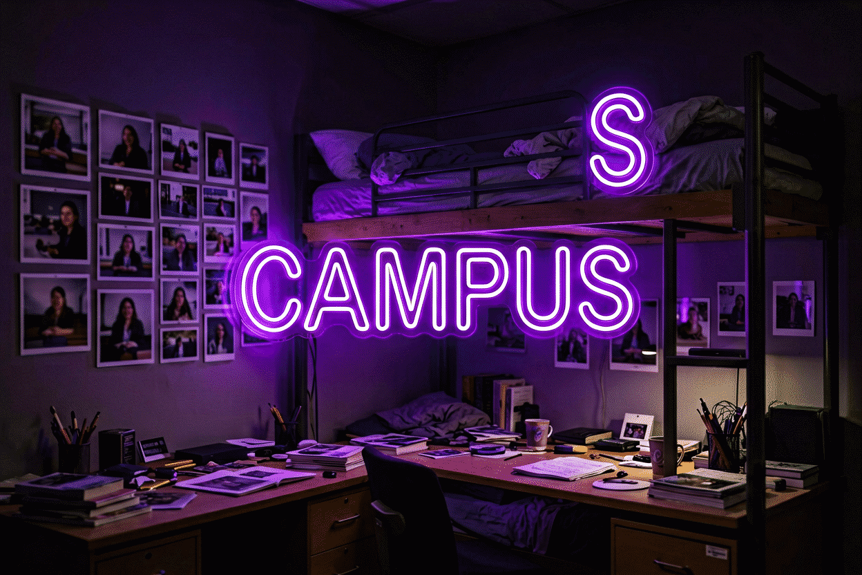 Dark scene with a glowing purple neon sign reading CAMPUS