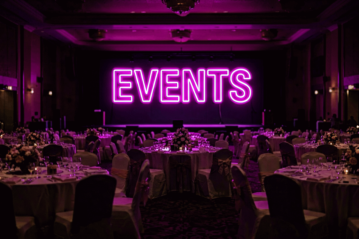 Dark scene with a glowing magenta neon sign reading EVENTS
