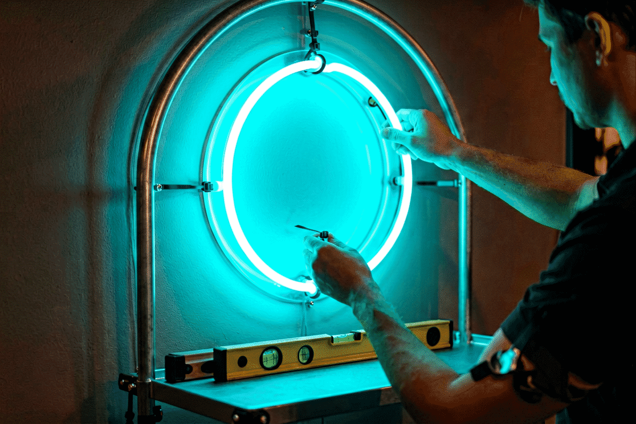 Close-up of hands working with a glowing cyan neon sign in a dim room