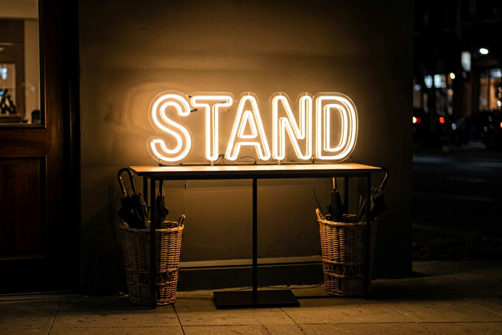 Dark scene with a glowing warm white neon sign reading STAND
