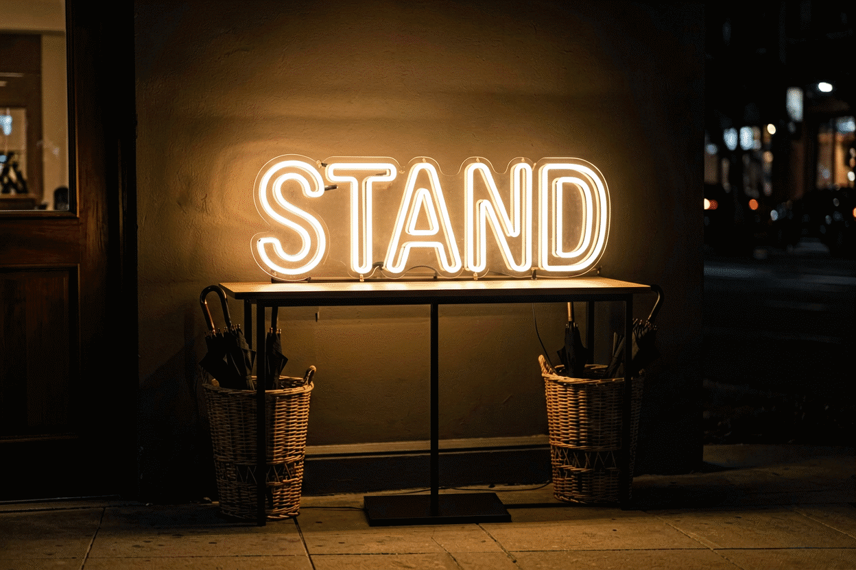 Dark scene with a glowing warm white neon sign reading STAND