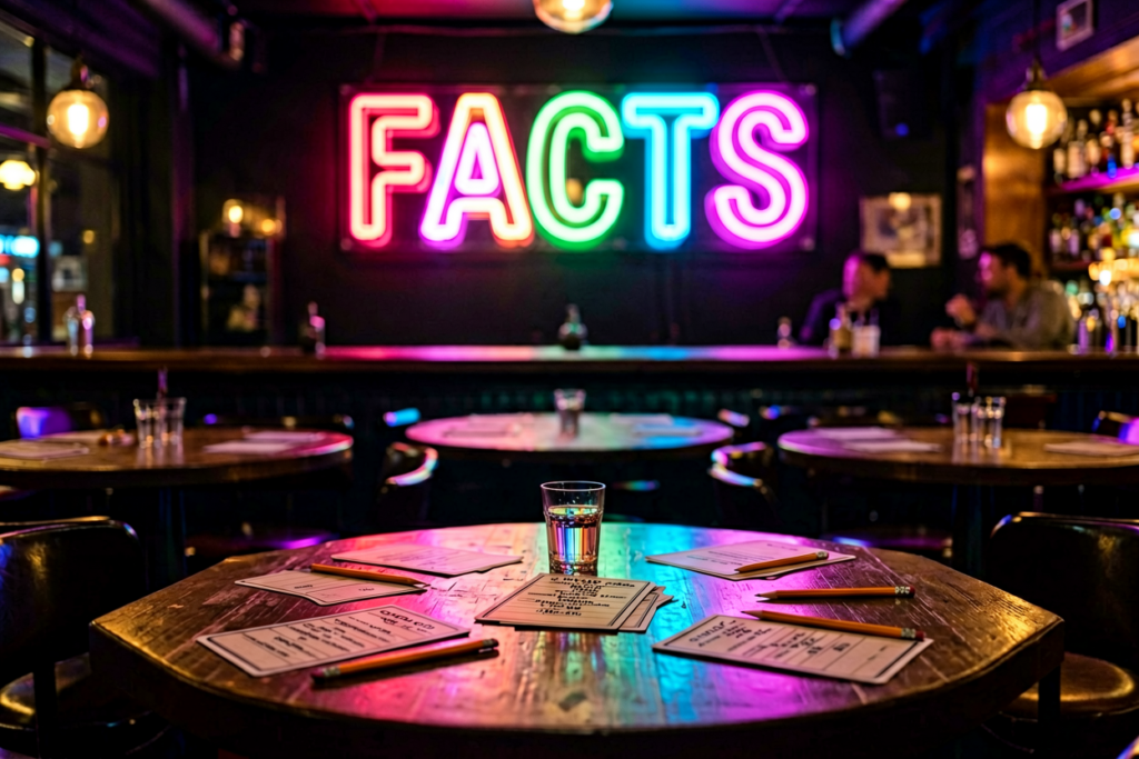 Dark scene with a glowing multicolor neon sign reading FACTS
