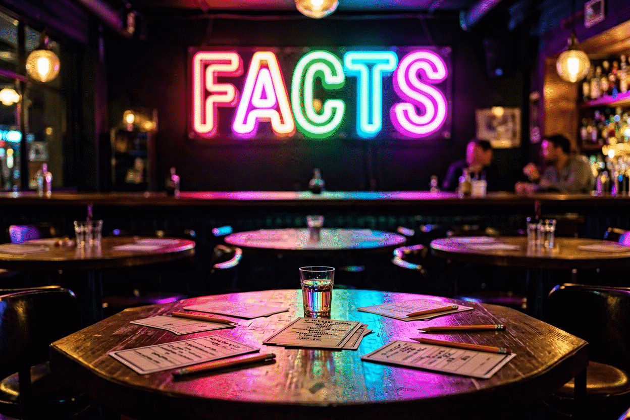 Dark scene with a glowing multicolor neon sign reading FACTS