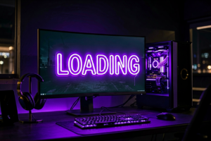 Dark scene with a glowing electric purple neon sign reading LOADING