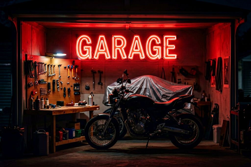 Dark scene with a glowing red neon sign reading GARAGE