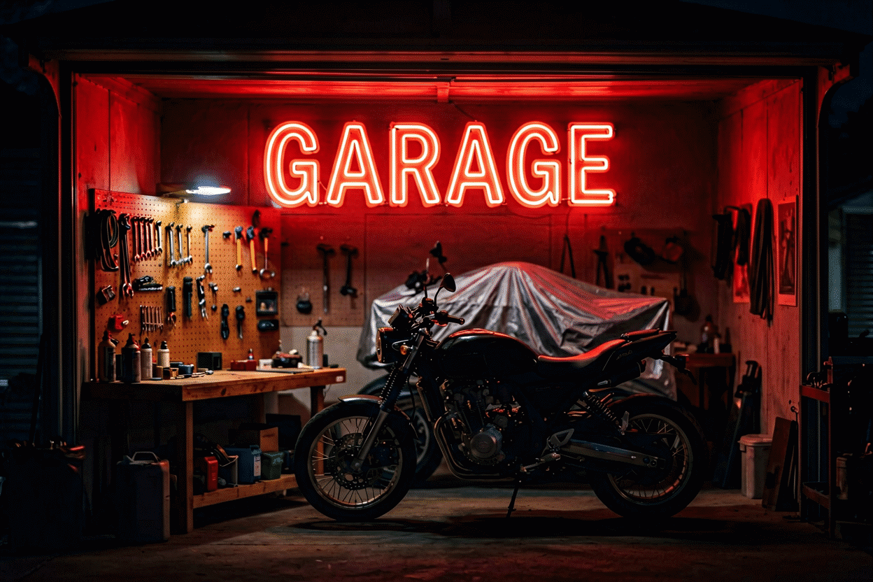 Dark scene with a glowing red neon sign reading GARAGE