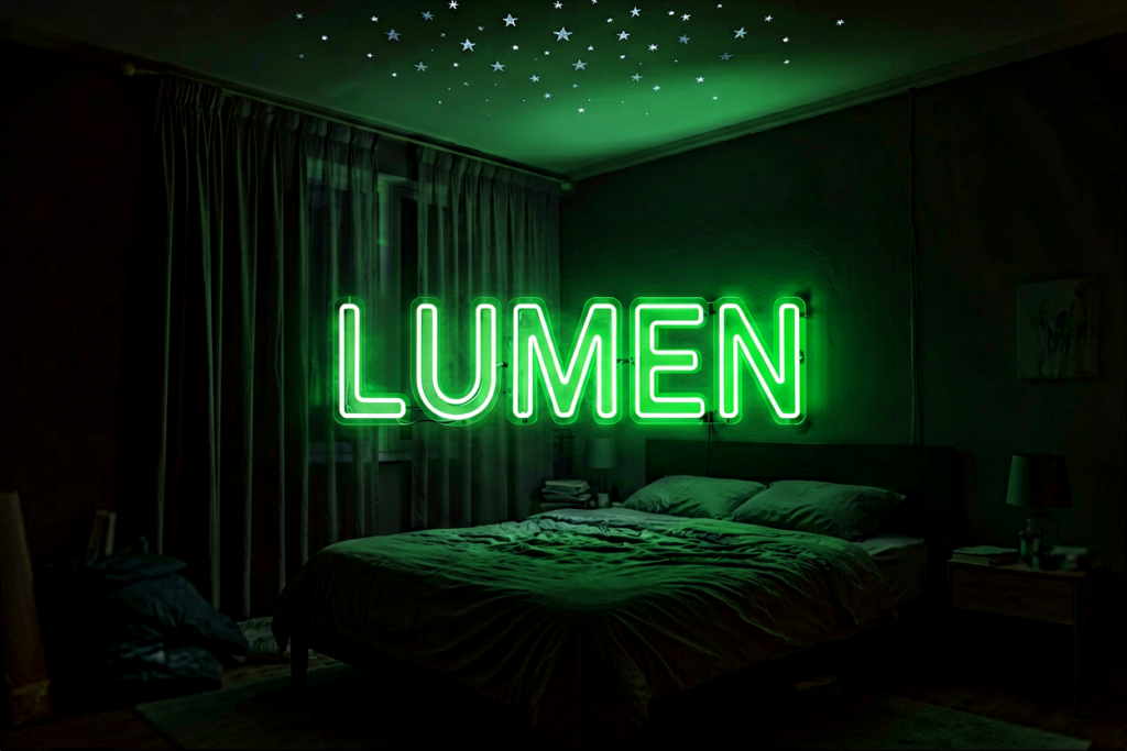 Dark scene with a glowing ghostly green neon sign reading LUMEN
